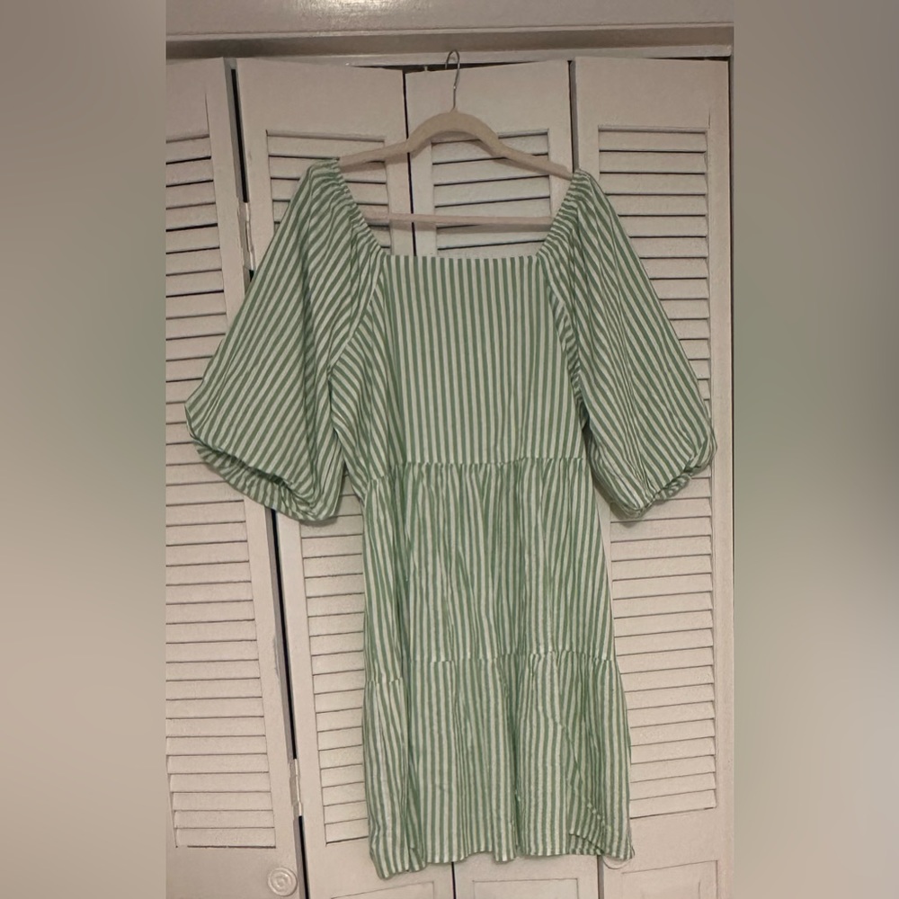 Green & White Striped Cotton Tie Back Dress - NWOT